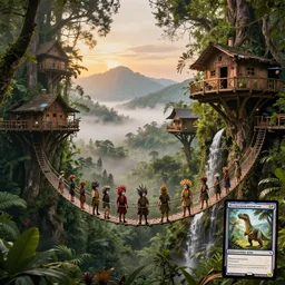 jungle rainforest cliffs with treehouse village. tiered catwalks and rope bridges. wooden cabins. foggy valley and mountains fading into the distance, at sunset. waterfalls. neverland. peter pan kids wearing war paint and headdresses, standing on the rope bridges. dinosaurs. magic the gathering card art by greg rutkowski.