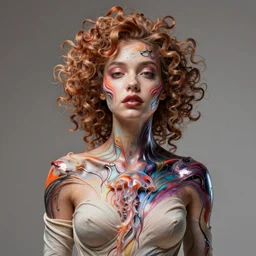 Vass Roland cover art body art future bass girl unwrapped smooth body fabric unfolds statue bust curls of hair petite lush front view body photography model full body curly jellyfish lips art contrast vibrant futuristic fabric skin jellyfish material metal veins style of Jonathan Zawada, Thisset colours simple background objective