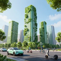 green sustainable city towers with electric cars and scooters and bikes, trending on artstation, 8k