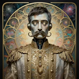 rowan atkinson robot, dmt, large metal mustache, muted colors, benevolent, nebula background, glowing eyes, detailed realistic surreal retro robot in full regal attire. face portrait. art nouveau, visionary, baroque, giant fractal details. vertical symmetry by zdzisław beksinski, alphonse mucha. highly detailed, realistic
