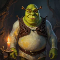 painting of shrek, candlelight, 8 k, lens flare, atmosphere, glow, detailed, intricate, beautiful color, dungeons and dragons, dark, gritty, satanic, cinematic lighting, trending on artstation, 4 k, hyperrealistic, focused, highly detailed, unreal engine 5, cinematic, masterpiece