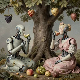 hyperdetailed cyborgs under a big tree, eating interesting elaborate fruits. in the style of Caravaggio, with liberty cyberpunk and flemish baroque mixed media details. natural pastel tones. matte background HD 8x