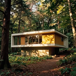 architecture ad for a mid-century modern house in the middle of the forrest, designed by Frank Gehry. Film grain, cinematic, colorized, yellow hue