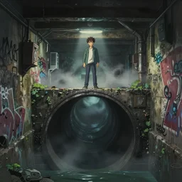 anime movie screenshot, person standing in edge of large round sewer pipe in underground london sewer, graffiti on walls, submerged dramatic, misty, cinematic lighting, ghibli, sharp focus, by koji morimoto, by tatsuyki tanaka, 4 k