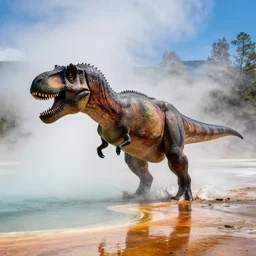 t - rex emerging from grand prismatic spring
