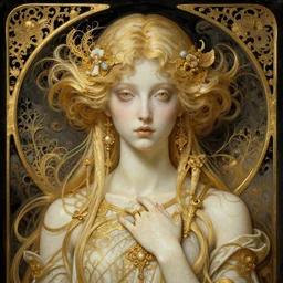 a beautiful girl made of ivory and gold, highly intricate, digital art, very detailed, in the style of a weird and dark eerie liminal art nouveau flemish painting, 8k,