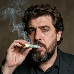A portrait of borat sagdiyev smoking a rolled marijuana joint, 8k, hyper realistic
