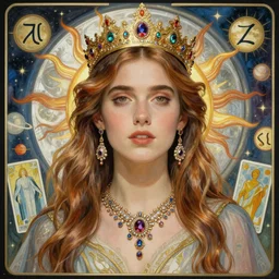 emma roberts portrait by louis - theophile hingre and alphonse mucha, realistic, sharp focus, zodiac signs, tarot cards, planets, ethereal, art nouveau, magic, moon, sun, crown, dreamy, royal, jewellery
