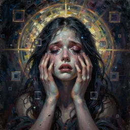 purge vomiting darkness, magic halo, broken soul, deep sickness oil paint, surrealist highly detailed at, ethereal, trending on art station, emotional surrealism oil painting, tears, crying, glitching squares, very very very very very beautiful