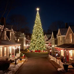 christmas in a new england town physically based render, night backlit, 1 9 6 0 s