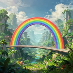 incredible, mindblowing beautiful large rainbow bridge, front view, matte painting, artstation, solarpunk metropolis, cgsociety, dramatic lighting, vibrant greenery, concept art, octane render, arnold 3 d render