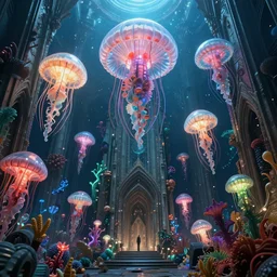 hyperrealistic precisionist cinematic underwater dystopian neo - gothic cathedral ruins with giant luminescent colorful aquatic plants and jellyfish, digital art masterpiece, aykut aydogdu eric zener, dramatic volumetric light, long shot, low angle uhd 8 k, sharp focus