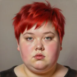 beautiful oil painting of a fat woman with a red pixie cut, beautiful eyes, cute fact, volumetric lights, highly detailed, concept art, sharp focus, beautiful face