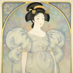 a copic maker art nouveau portrait of a japanese girl detailed features wearing a puffy futuristic weeding dress designed by balenciaga by john berkey, norman rockwell akihiko yoshida