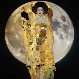 an abstract goddess with the moon behind her covered in gold, intricate details, in the style of manara, klimt, hr giger, dali