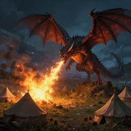 wyvern shooting fire at tents on a plain, at night, fantasy art, artstation, dnd, dramatic lighting, concept art, 4 k, hyper realistic