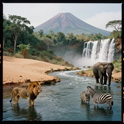 kodak portra 4 0 0 photographic and realistic, a desert and forest and volcano and waterfalls, lion and zebra and elephant, detailed, octane render, unreal engine, 4 k, artstation, hyper realistic, wide angle, floor flooded, how a river, objects that float, 3 5 mm, sharp focus, soft light, volumetric light, in the style of gregory crewdson, national - geographic