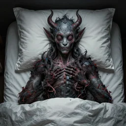 point of view, sleep paralysis, dream demon sitting on your chest, digital art, highly detailed, 8k