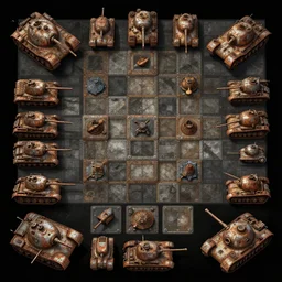 overhead view, from above, digital painted rusted dieselpunk tank game asset sheet, turn - based strategy, grid arrangement, black background, unity asset store, by greg rutkowski, trending on artstation