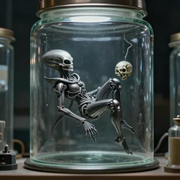 vivid alien demigod made of palladium and carbon composites neatly floats suspended inside a large boron glass storage jar, lying forgotten on the shelf in SCP foundation. Secure, Contain, Protect, skull of the demigod inside a glass cylinder safely contained, eerie hyperdetailed concept art, by James Gurney and Simon Stålenhag and Greg Rutkowski, crisply clear SCP artifact jar, macroshot, trending on ArtStationHQ, 8k