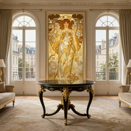 Living room, Alphonse Mucha, art nouveau, luxury, artstation, center focus on table, hyper realistic, 8K, warm lighting, white gold black, antique, large windows to french town