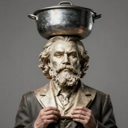 super realistic man with pot on his head, Lenin's bust in hands, no face visible, high quality, photomodel