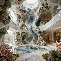 highly detailed ultra sharp 3 d render villa interior cinematic composition of a smooth ceramic porcelain biomolecular magnolia stone nebula fluid fractal sci - fi surreal architecture landscape, corals, granite, marble, moss, soldier lichen, callebaut composition, mamou - mani, archviz, beautiful lighting, 8 k, unreal engine, hdr