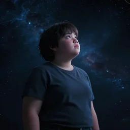A young chubby teen called Jaynie, looking out into the cosmos, imagining all the possibilities of her future. Anime style, concept art, cinematic lighting, cinematic composition, rule of thirds , mysterious, eerie, cinematic lighting, ultra-detailed, ultrarealistic, photorealism, 8k, octane render