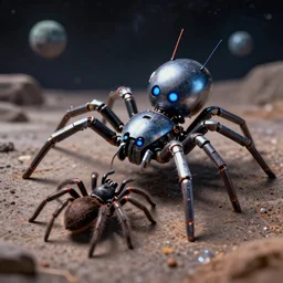 spider battle bot fighting a real spider,  space theme