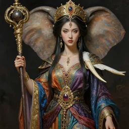 an anthropomorphic beautiful goddess female wizard made of elephant portrait holding a staff wearing colourful robe, fine art, award winning, intricate, elegant, sharp focus, octane render, hyperrealistic, cinematic lighting, highly detailed, digital painting, 8 k concept art, art by jamie hewlett and z. w. gu, masterpiece, trending on artstation, 8 k