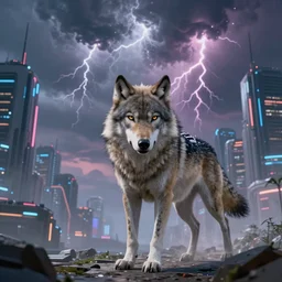 a portrait of a wolf with thunders in the sky in a future cybernetic city, outrun style and colours, highly detailed, 8k resolution, trending on arstation, by dan mumford, by ross tran
