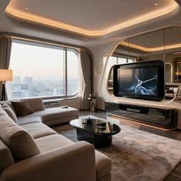 luxury futuristic hotel room with a messy sofa and a broken television, realistic, pressphoto, dawn light, insanely detailed, 3 5 mm lens, wide shot