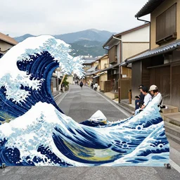 ocean, waves, japanese style, japanese street and a couple of people sitting on a stone