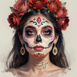 portrait of mexican girl with day of the dead patterns, staring directly into camera, symmetrical face, intricate, elegant, glowing lights, highly detailed, digital painting, artstation, sharp focus, illustration, art by wlop, mars ravelo and greg rutkowski