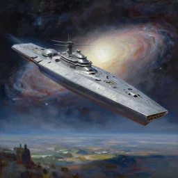 a single galactic battlecruiser entering the atmosphere above a majestic landscape, ground - level view, highly detailed oil painting, impasto brush strokes, soft light, 8 k, cyberpunk colour palette, dramatic composition, dramatic lighting, sharp focus, concept art, masterpiece, by adrian ghenie and jenny saville and zhang jingna