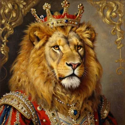 the royal king's lion head by greg hildebrant lisa frank fancy rococo baroque regal oil painting high quality award winning clothed in fancy garb