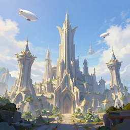 a city in the style of piltover from arcane, tall towers, utopia, white blimps in the sky, blue skies, soft clouds, trending on artstation