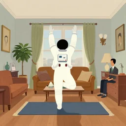 a still frame illustration of a an astronaut doing yoga in living room by quint buchholz, cheng hsiao - ron, wes anderson, fujita goro, edward hopper, rene magritte