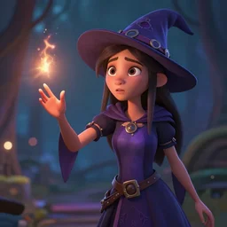 unsure young witch casting a spell. award - winning 3 d animation by an indie studio, rimlighting, depth of field, limited but vibrant palette, intricate details, impressionism, chiaroscuro, bokeh.