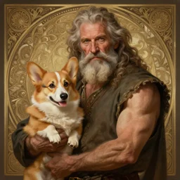 portrait of a old, ruggedly handsome man holding a corgi dog, soft hair, muscular, half body, cloth, hairy, d & d, fantasy, intricate, elegant, highly detailed, digital painting, artstation, concept art, smooth, sharp focus, illustration, art by artgerm and greg rutkowski and alphonse mucha