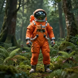 american astronaut in orange suite, in the forest plants environment wide angle cinematic lighting atmospheric realistic octane render highly detailed in th