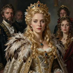 portrait painting of a beautiful and regal blonde lady wearing a feathered cloak and noble garments, ultra realistic, concept art, intricate details, eerie, highly detailed, photorealistic, octane render, 8 k, unreal engine. art by artgerm and greg rutkowski and charlie bowater and magali villeneuve and alphonse mucha