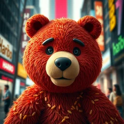 portrait of haribo bear in future city, color and shape focus, central composition, natural light, bloom, puff, by sim