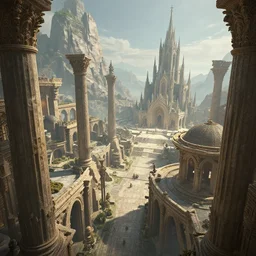 close shot angle from above of epic intrincated colliseum fantasy landscape, atmospheric perspective, large ancient giant colums!!!, gothic architecture!!!!, giant church of the gods!!!, pointy risks mountains, in the style of gil elvgren