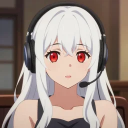 high quality anime visual portrait of a cute girl with red eyes!!! and long white hair!!! wearing a headset in her room interior, anime art, finely detailed, headshot, ambient lighting, cinematic still, trending on pixiv fanbox, studio ghibli, bokeh