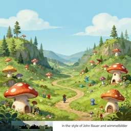 “wide shot, concept art, a fairytale landscape, mushroom houses, troll creatures, in the style of John Bauer and wimmelbilder”