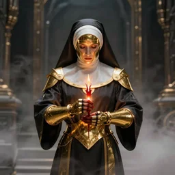 a portrait of a dark sci fi nun performing a blood sacrifice wearing sci fi armor, cinematic lighting, smooth, dark sci fi, unreal engine, octane render, by blizzard studios, golden rule, subject in center of frame, fog volumes, vivid color glow, cgsociety