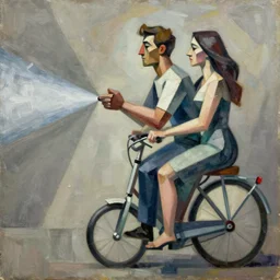 a painting of a man and a woman riding a sneeze, a cubist painting by elizabeth murray, behance, cubo - futurism, cubism, oil on canvas, airbrush art