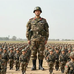 a giant soldier standing next to many small ones