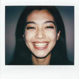 portrait of a smiling woman with too many teeth. hundreds of teeth. hq photo, surreal, harsh lighting. polaroid type 6 0 0